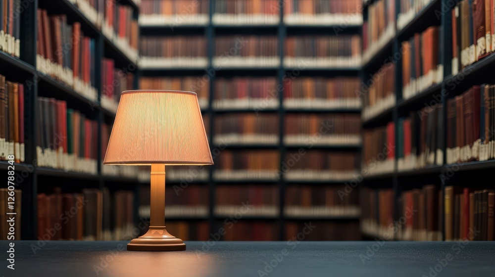 Poster empty library with towering dark shelves and a single table lamp illuminating the space