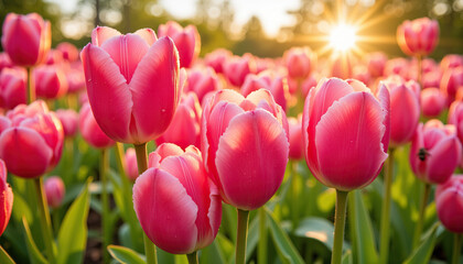 Fototapeta premium Pink tulips blooming in sunlight against a garden background