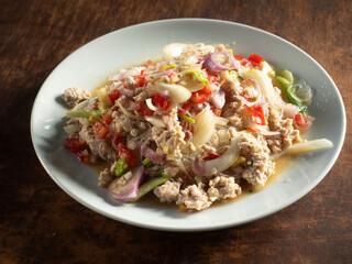 Thai spicy glass noodles with minced pork salad