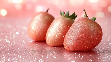 Three Glittery Rose Gold Strawberries on Pink Background