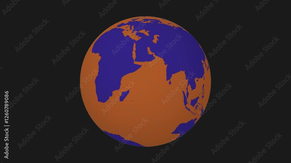 Poster spinning earth. tilted sphere view. moderate speed planet rotation. solid color style. world map wit