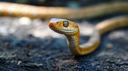 Fototapeta premium Close-up view of a slender orange snake with distinct patterns slithering on the ground in a natural habitat