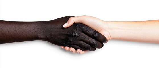 Obraz premium A close-up of two hands shaking, one dark-skinned and one light-skinned, symbolizing unity and collaboration across racial lines.