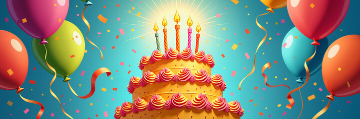 Birthday card with a yellow cake adorned with pink icing and candles, set against a blue background with colorful balloons and confetti, featuring a playful and celebratory style.