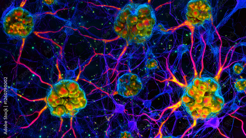 Poster neuron cells network with connections and synapses showing cellular biology