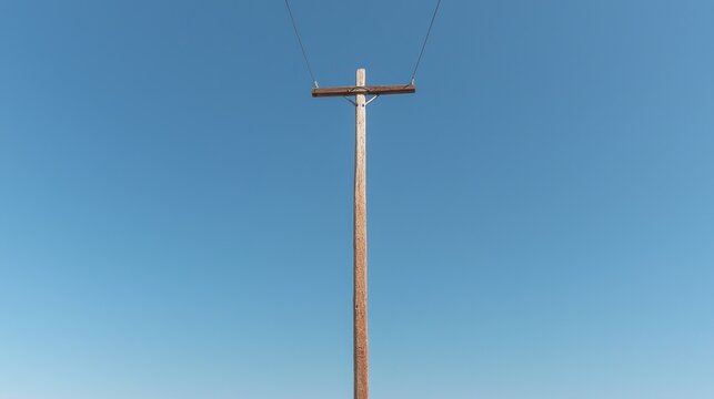 Tall wooden utility pole against clear blue sky