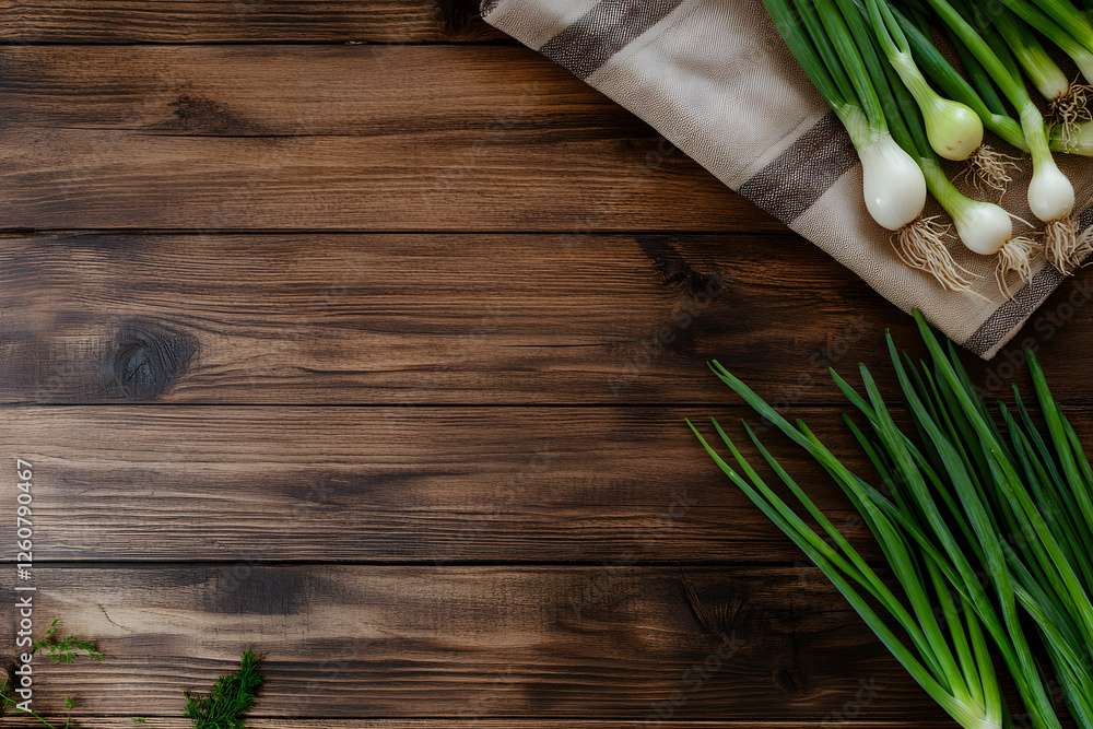 Fototapete rustic wooden background with fresh green onions and a napkin, top-down view with space for text