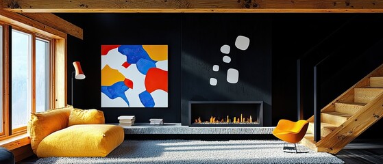 Stylish mid-century modern interior living room cozy home artful decor warm atmosphere elevated perspective