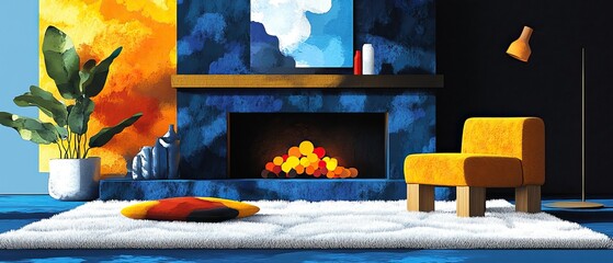 Mid-century modern interior design showcase cozy living room vibrant colors artistic environment contemporary view