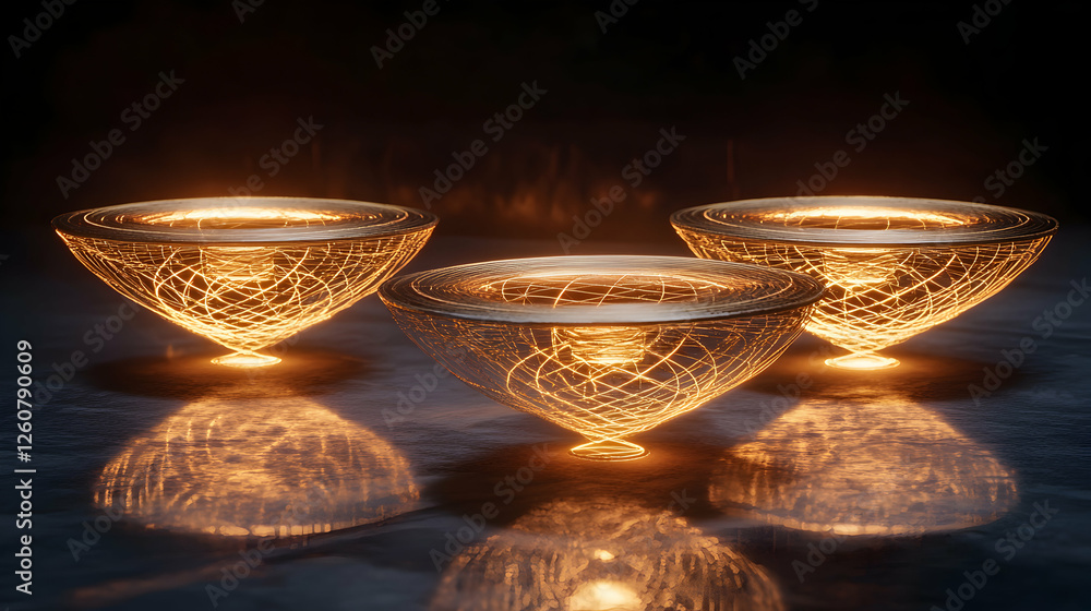 Poster glowing bowls with intricate designs reflecting on surface in dark setting