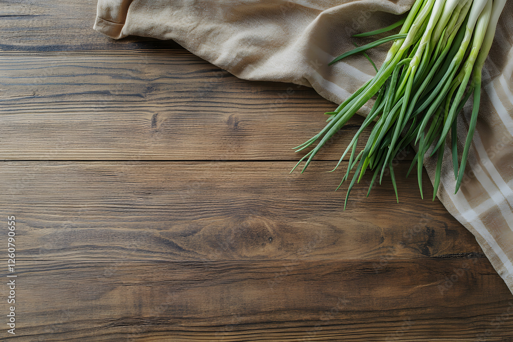 Fototapete rustic wooden background with fresh green onions and a napkin, top-down view with space for text