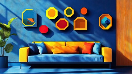Mid-century modern interior design vibrant living room colorful decor contemporary style aesthetic appeal