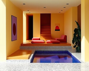 Chic mid-century modern interior design stylish home poolside lounge vibrant yellow contemporary aesthetic