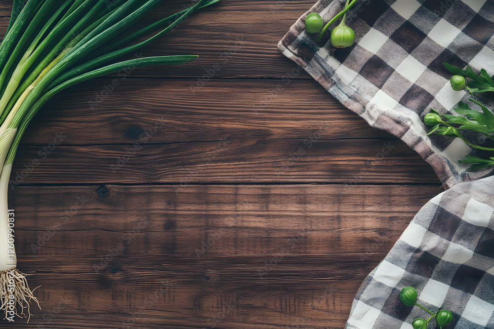 Fototapete rustic wooden background with fresh green onions and a napkin, top-down view with space for text