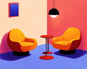 Vibrant mid-century modern interior with colorful chairs artistic setting living room playful environment