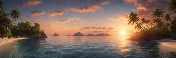 Fototapeta premium Golden Sunset Over Tranquil Sea with Distant Islands ,Breathtaking Landscape