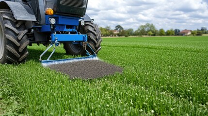 Obraz premium A tractor spreads pesticide on vibrant green grass in springtime France, illustrating modern farming techniques in a scenic landscape