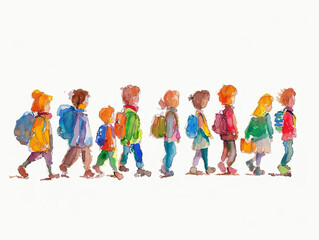 Children hand drawn of kids go to school. Simple illustration on a white background