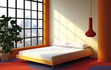 Stylish mid-century modern bedroom interior urban loft contemporary design bright environment wide view aesthetic appeal