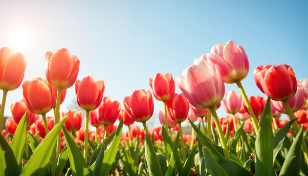 Colorful tulips blooming under a clear blue sky