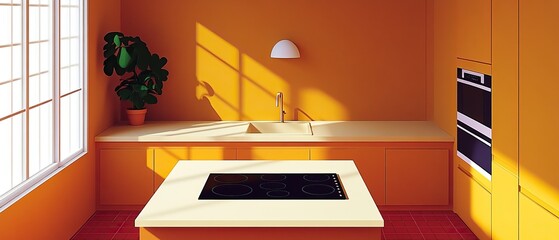 Mid-century modern kitchen design vibrant orange interior contemporary style bright atmosphere inviting viewpoint
