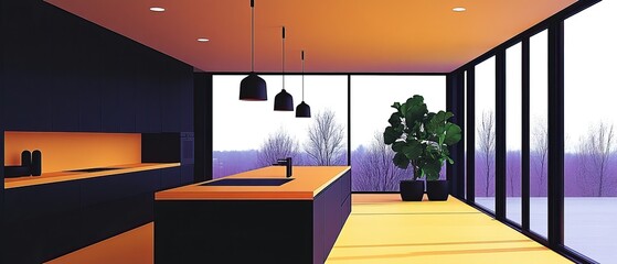 Mid-century modern interior kitchen urban space contemporary design minimal environment wide viewpoint for seo impact