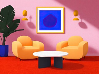 Mid-century modern interior design living room colorful furniture bright atmosphere contemporary art