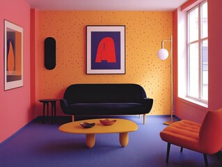 Vibrant mid-century modern interior design colorful living room urban setting contemporary style artistic perspective