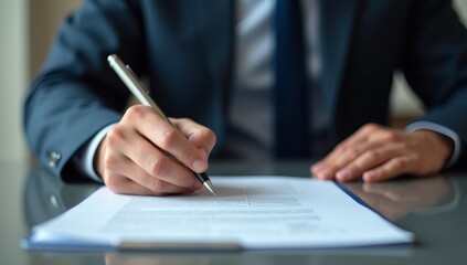 Obraz premium A man is writing with a pen on a piece of paper. Concept of professionalism and focus, as the man is likely writing an important document or note