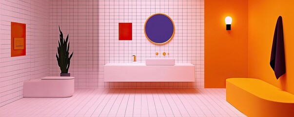 Dynamic mid-century modern bathroom design vibrant colors interior decor contemporary style minimalist viewpoint