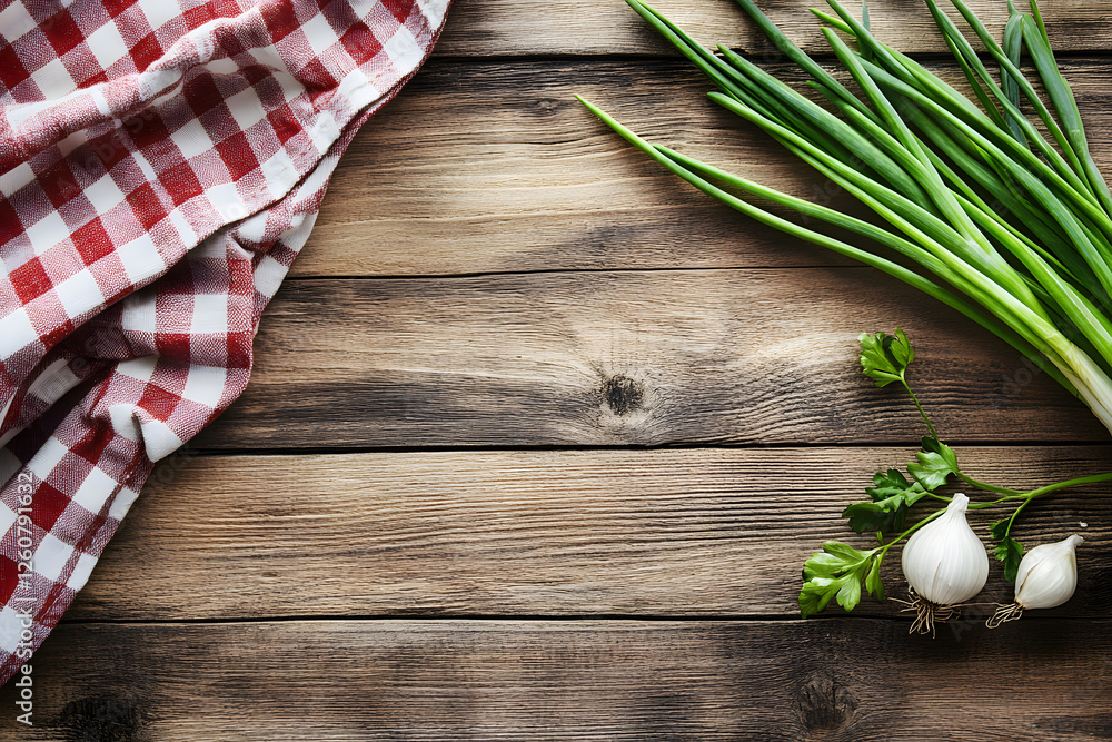 Fototapete rustic wooden background with fresh green onions and a napkin, top-down view with space for text