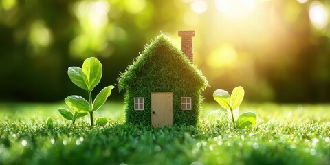 Sustainable development and renewable resource. Miniature house made of grass with plants in a sunny, green environment.