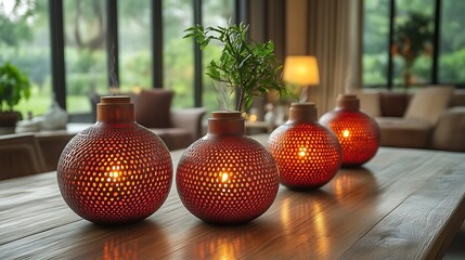 Illuminated Decorative Vessels on Wooden Tabletop