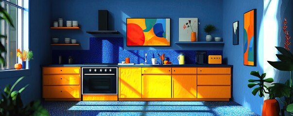 Vibrant kitchen design mid-century modern interior urban apartment bright colors contemporary style