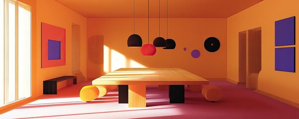 Mid-century modern interior design showcase contemporary space vibrant colors artistic elements bright environment