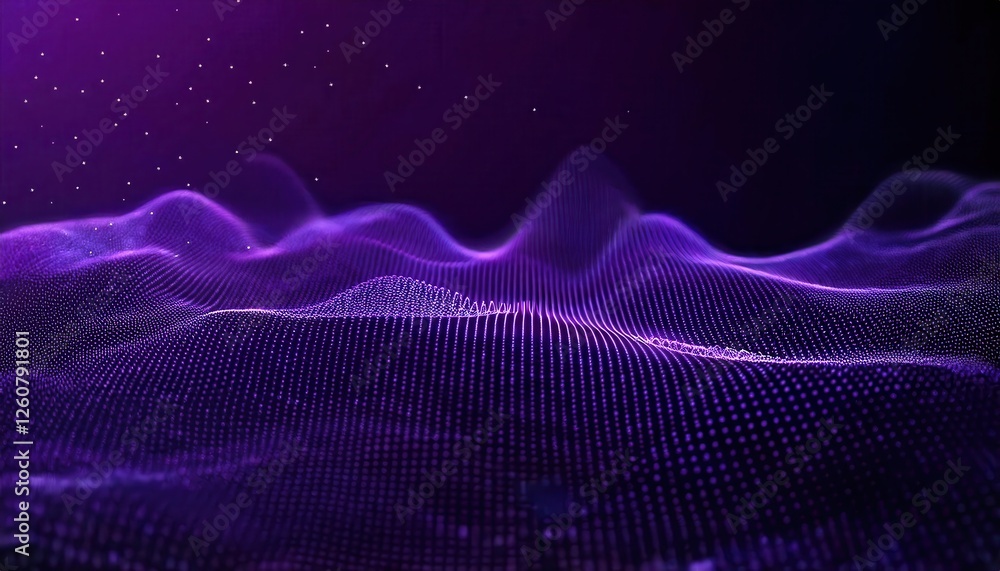 Poster purple digital wave landscape with glowing particle mesh on dark background, perfect for futuristic 