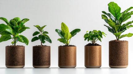 Serene growth stages of plants in brown pots on white background. Peaceful and vibrant