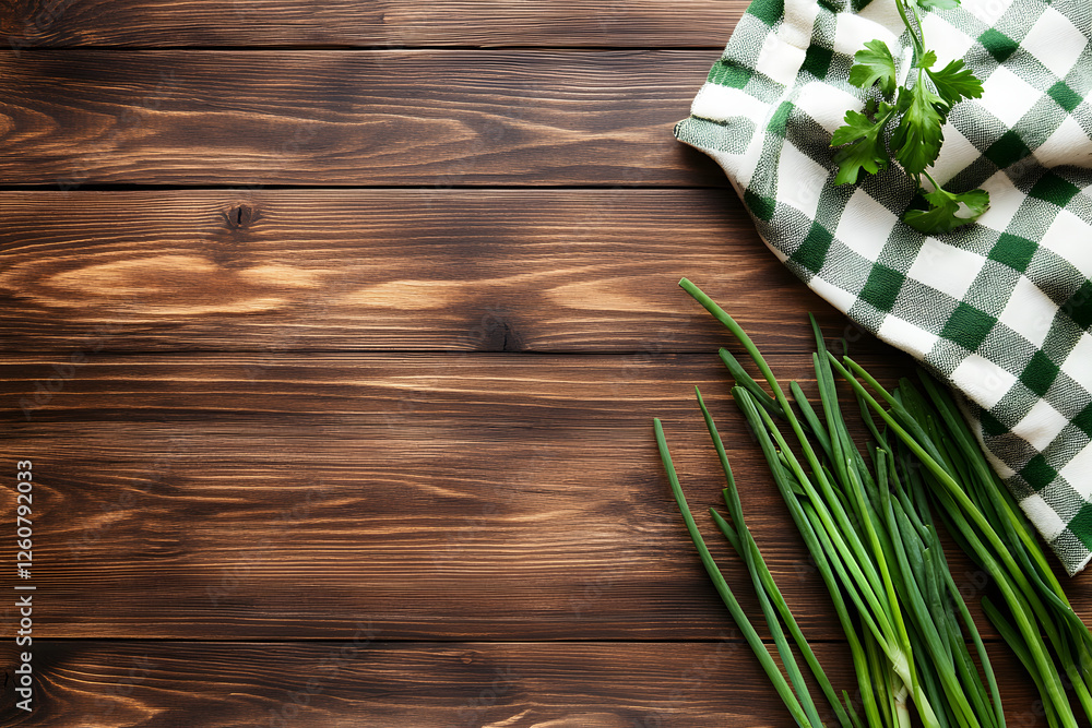 Fototapete rustic wooden background with fresh green onions and a napkin, top-down view with space for text