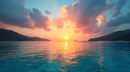 Naklejka premium Golden Sunset Over Tranquil Sea with Distant Islands ,Breathtaking Landscape