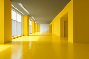 Fototapeta premium Minimalist empty yellow corridor with windows to the floor.