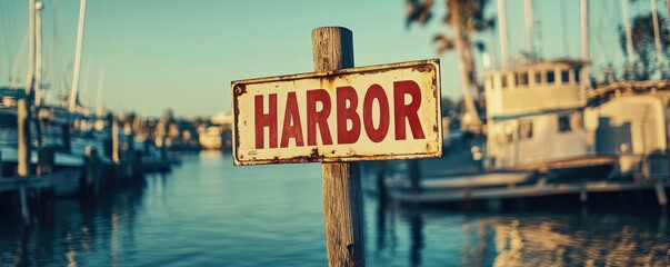 A harbor scene at sunset, featuring a weathered wooden sign with bold red letters reading "HARBOUR," set against docked boats and the tranquil water