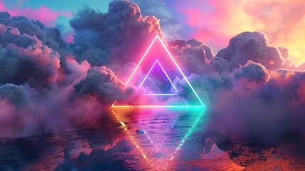 rainbow neon glowing triangles dreamy clouds surreal fantasy scene
