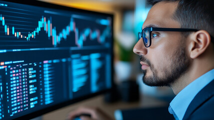 Focused man in glasses analyzing data on computer screen in office