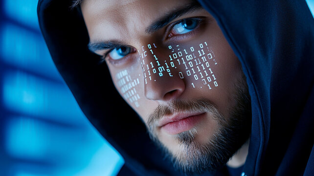Man in hoodie with binary code on face, expressing tech savvy vibe