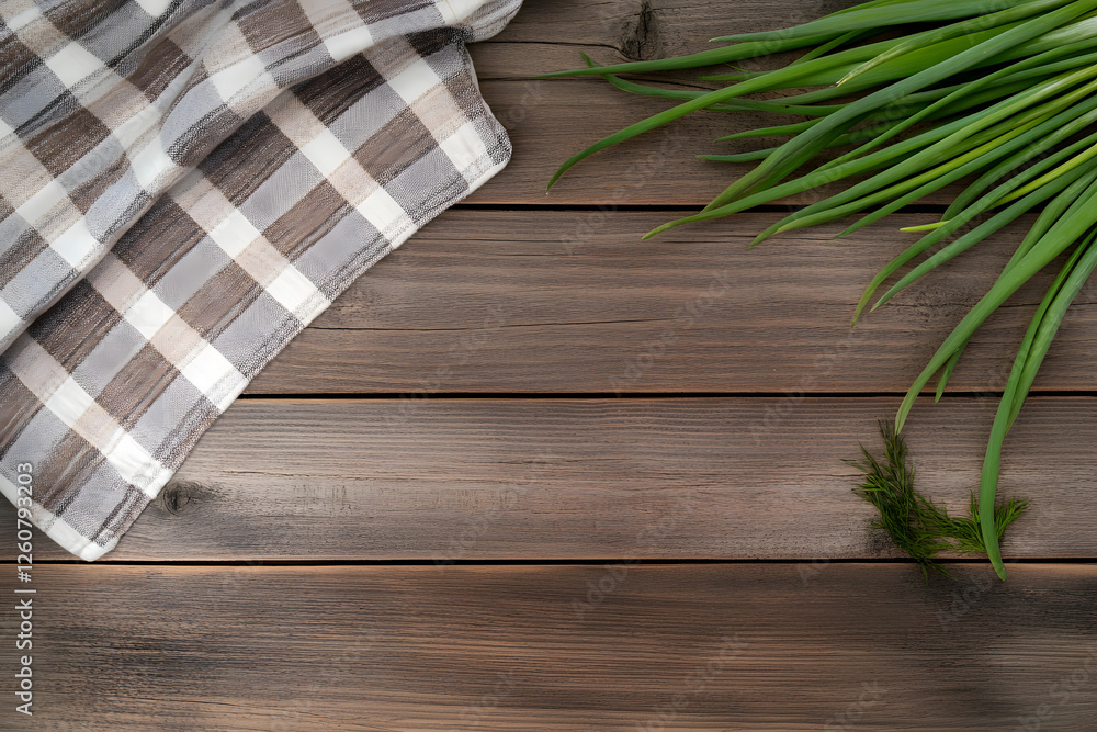Fototapete rustic wooden background with fresh green onions and a napkin, top-down view with space for text