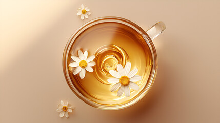Chamomile tea infusion swirling in a glass cup, with delicate white petals floating serenely on top.