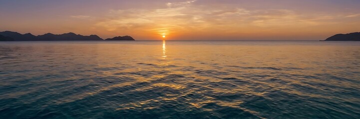 Obraz premium Golden Sunset Over Tranquil Sea with Distant Islands ,Breathtaking Landscape