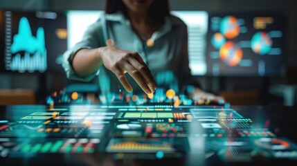 woman hand interacting screen digital data graphs floating icons futuristic tech elements