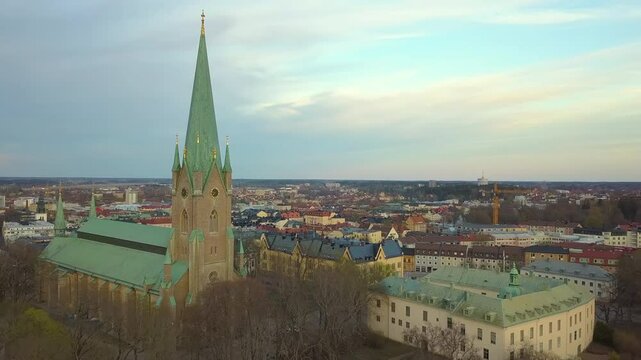 Aerial view of old historical Linkoping city in Sweden. European architecture in Scandinavian town.