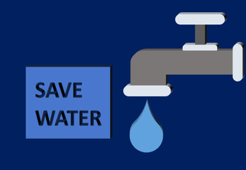 Fototapeta premium 3d illustration of faucet with drop of water and written word Save Water isolated on blue background.